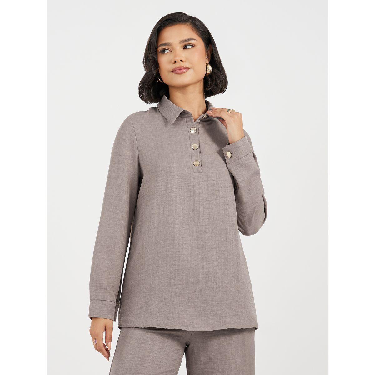 مجموعة من بنطال بأرجل واسعة وبلوزة طويلة بأزرار-women-clothing-coordsets-image-2