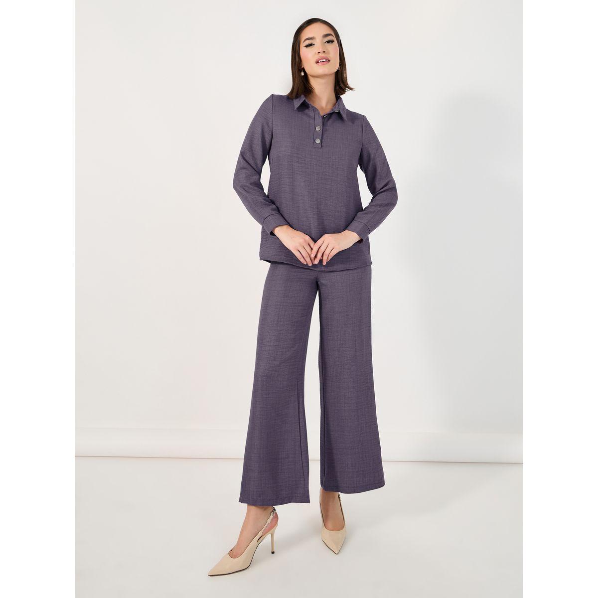 Styli Button Placket Longline Shirt & Wide Leg Pants Modest Set-women-clothing-coordsets-image-2