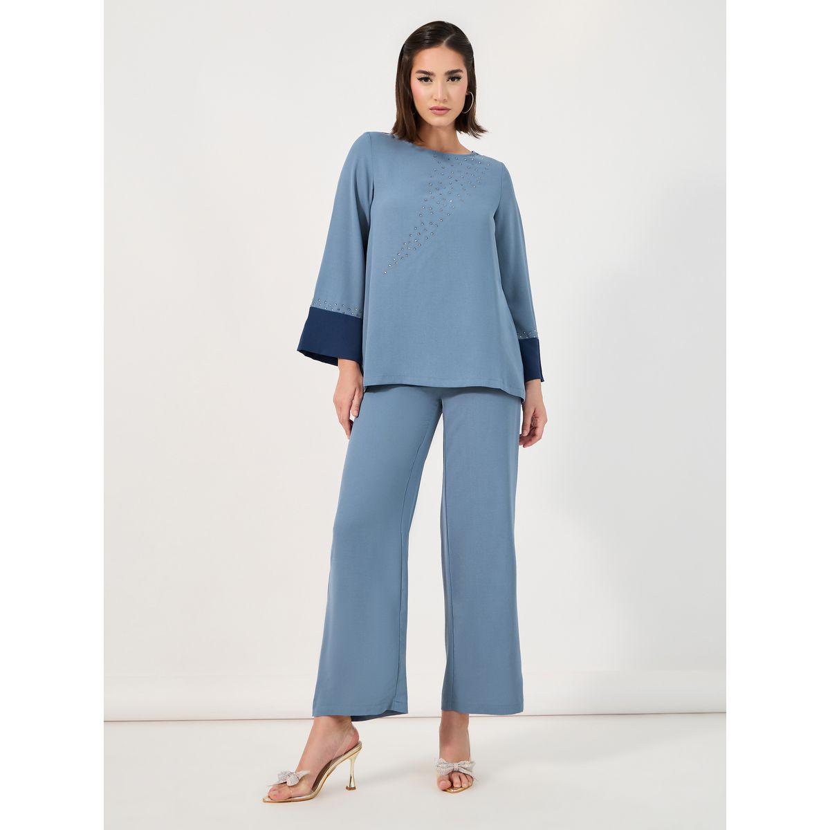 Amirah X Styli Contrast Cuff Detail Embellished Top & Wide Leg Pants Modest Set-women-arabicclothing-sets-image-1