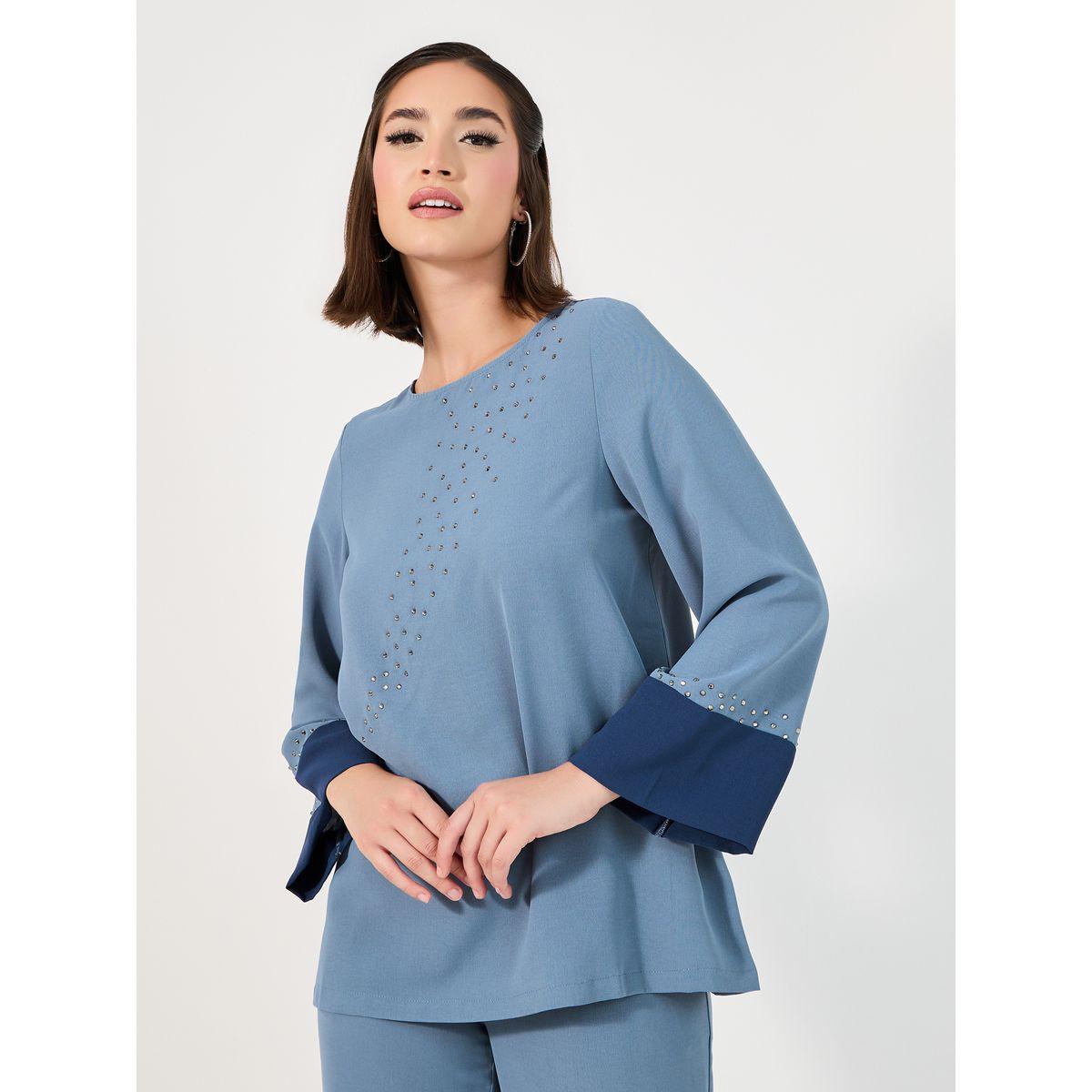 Amirah X Styli Contrast Cuff Detail Embellished Top & Wide Leg Pants Modest Set-women-arabicclothing-sets-image-2