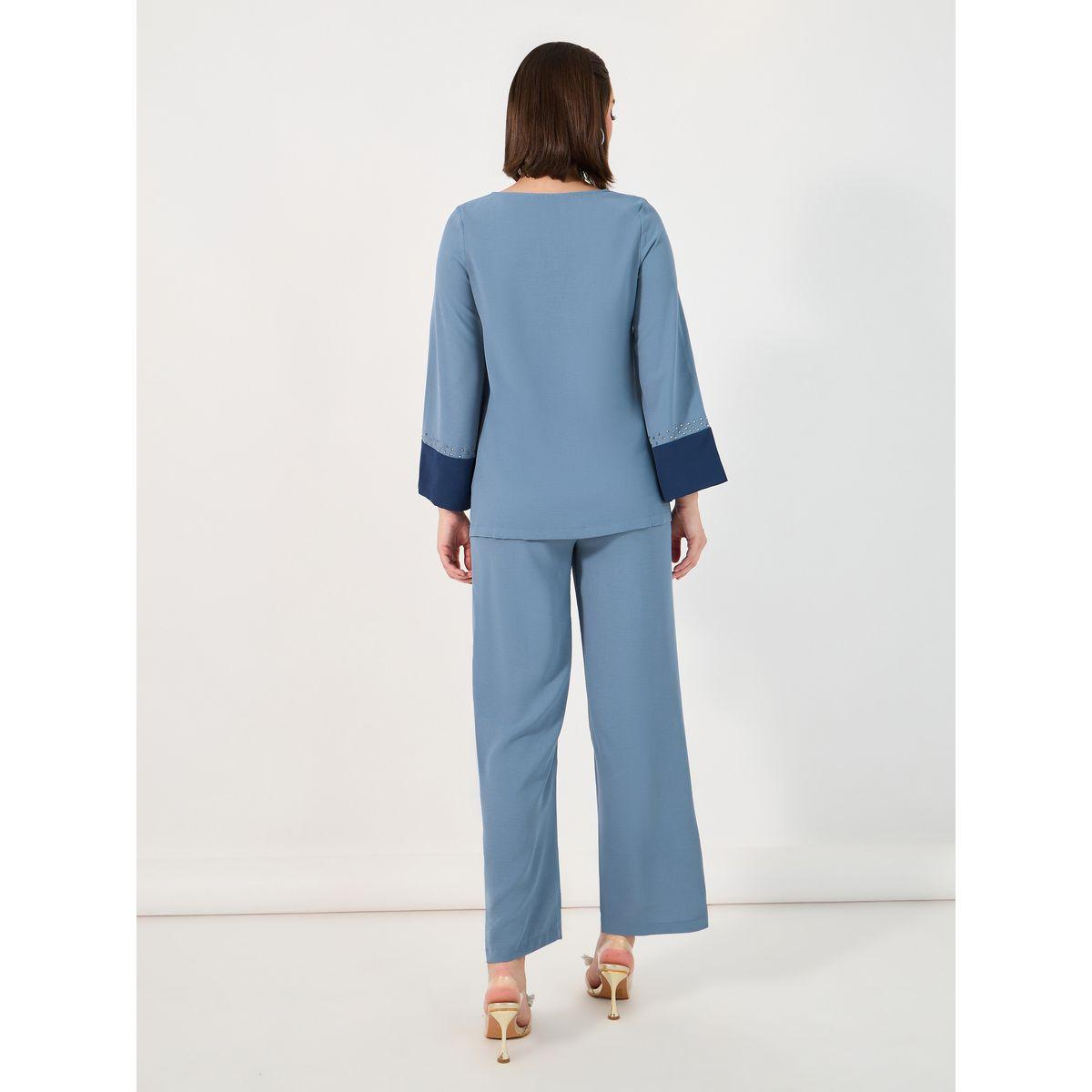 Amirah X Styli Contrast Cuff Detail Embellished Top & Wide Leg Pants Modest Set-women-arabicclothing-sets-image-5
