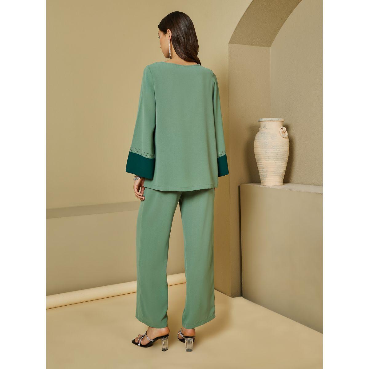 Amirah X Styli Contrast Cuff Detail Embellished Top & Wide Leg Pants Modest Set-women-clothing-coordsets-image-4