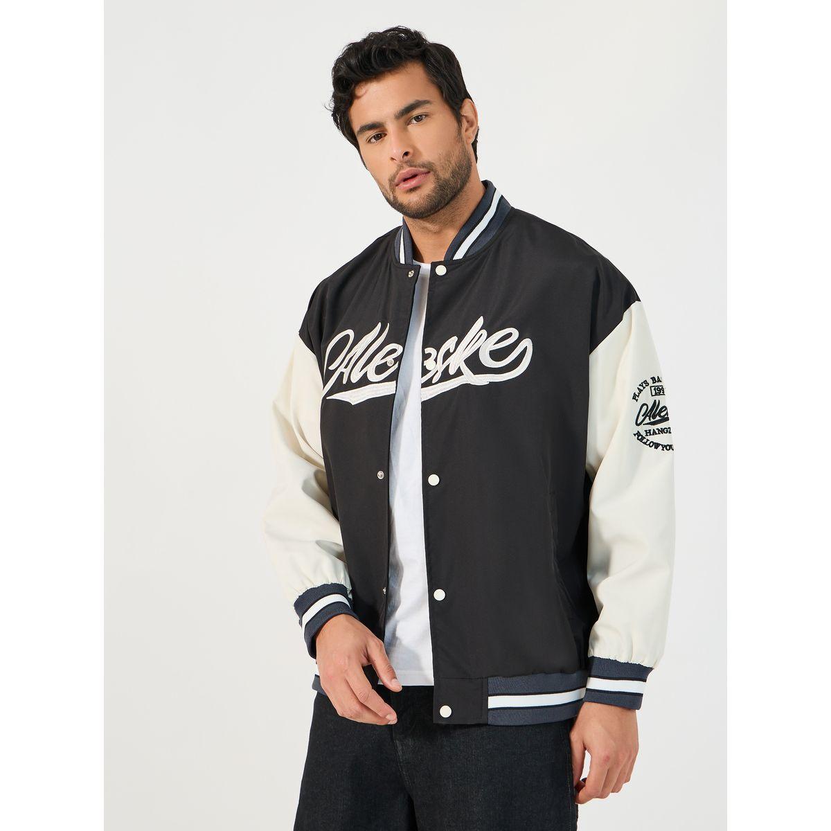 Styli Contrast Sleeve and Rib Detail Bomber Jacket with Button Placket-men-clothing-jacketsandblazers-jackets-image-1