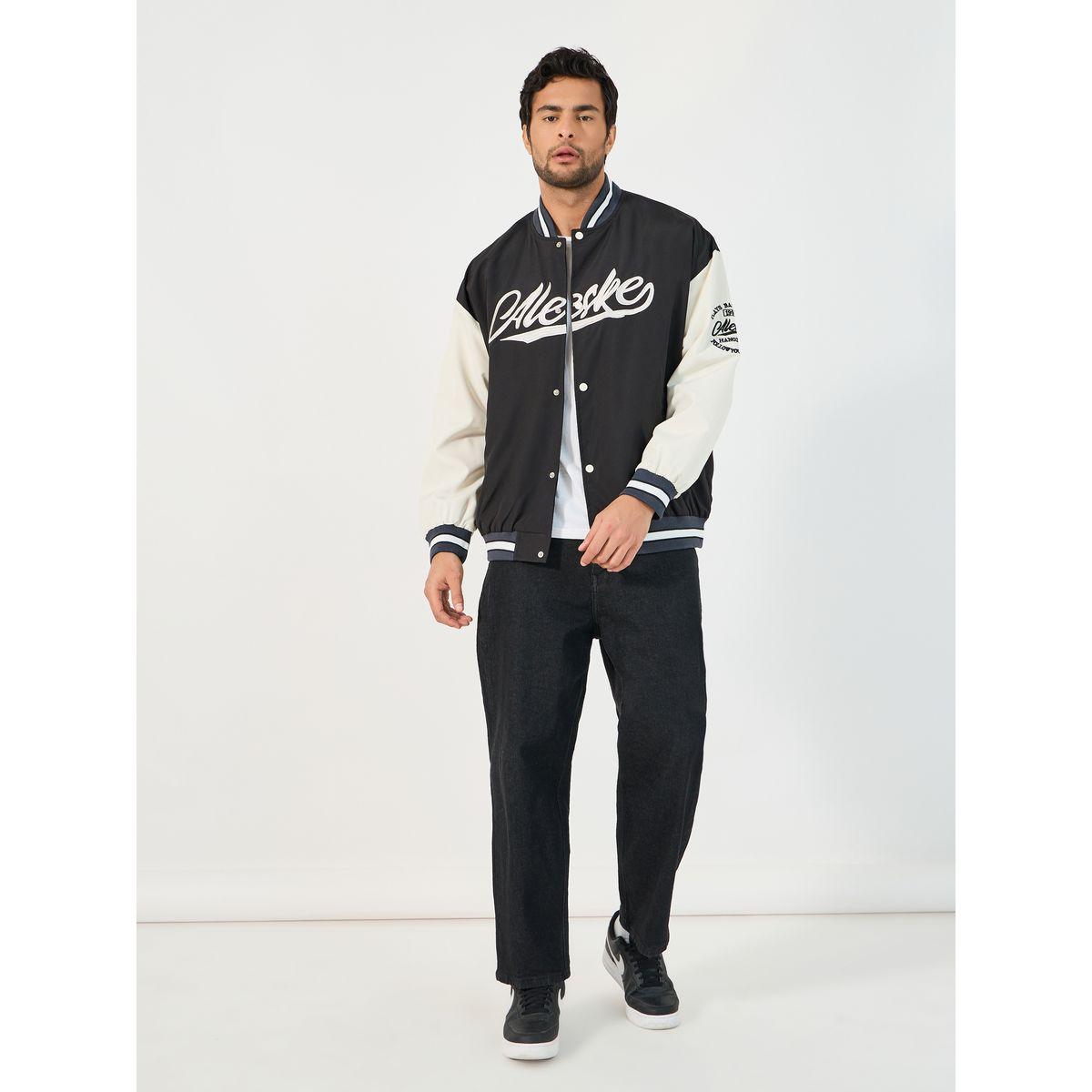 Styli Contrast Sleeve and Rib Detail Bomber Jacket with Button Placket-men-clothing-jacketsandblazers-jackets-image-2