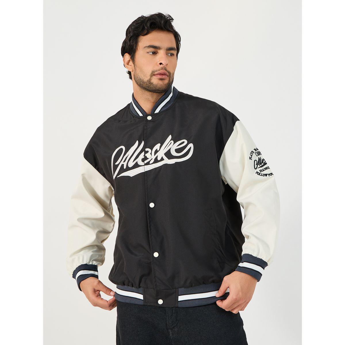Styli Contrast Sleeve and Rib Detail Bomber Jacket with Button Placket-men-clothing-jacketsandblazers-jackets-image-3