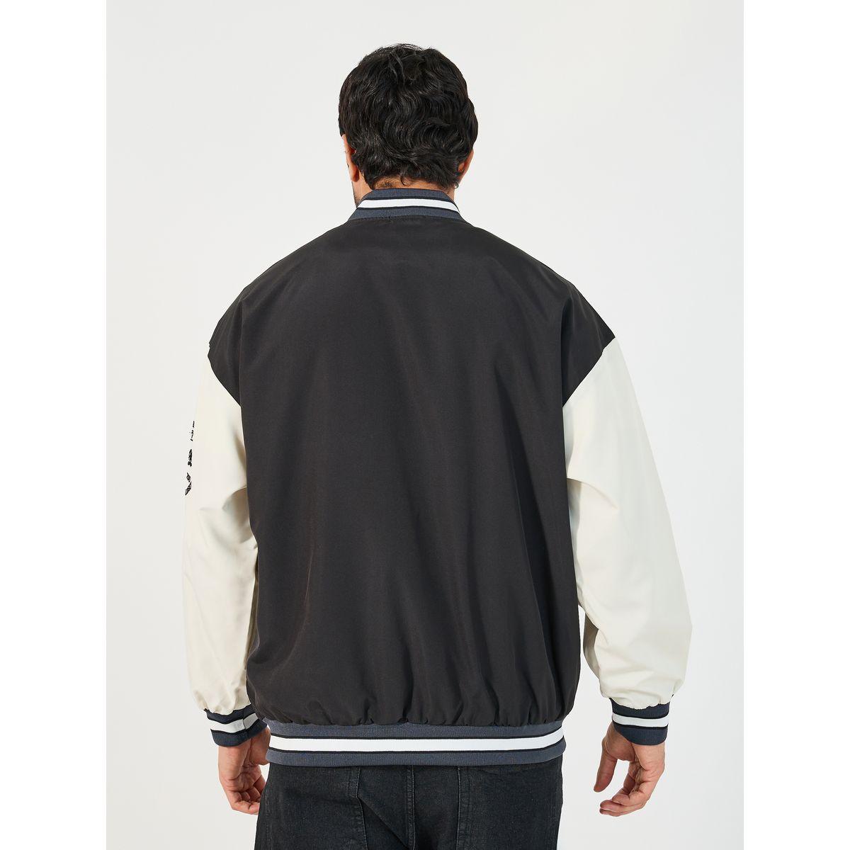 Styli Contrast Sleeve and Rib Detail Bomber Jacket with Button Placket-men-clothing-jacketsandblazers-jackets-image-6