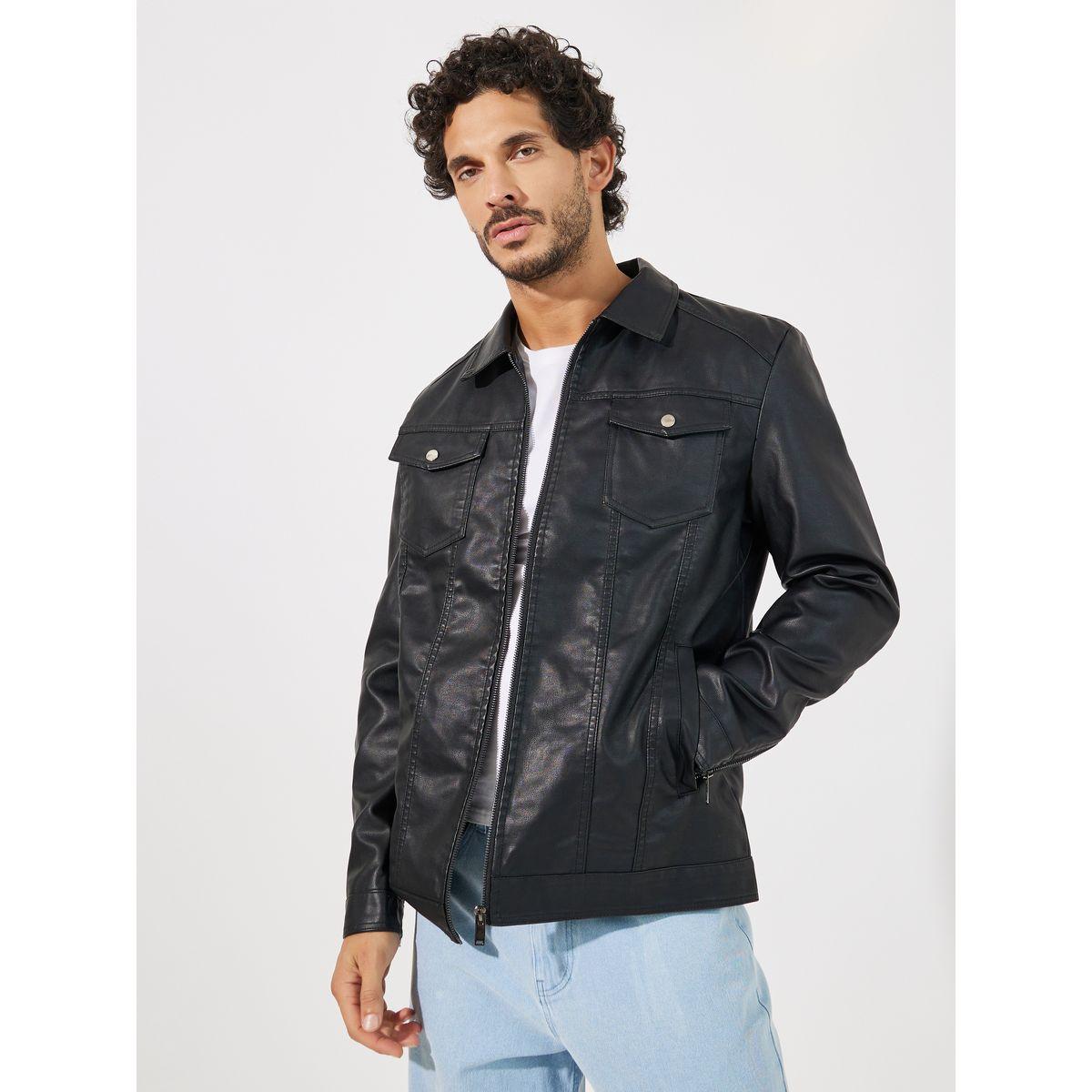 Styli Collared Leather Look Jacket with Utility Pocket Detail-men-clothing-jacketsandblazers-jackets-image-3
