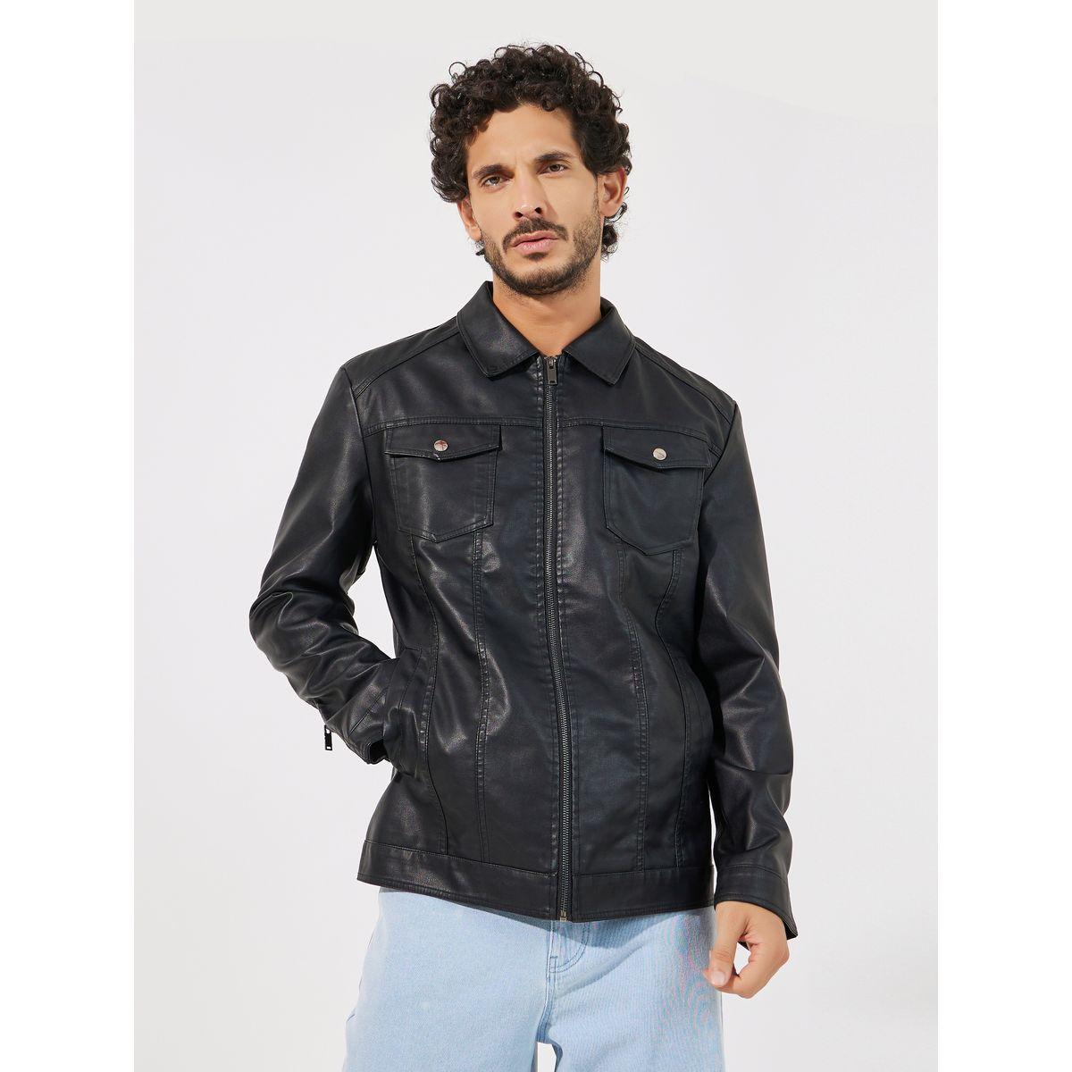 Styli Collared Leather Look Jacket with Utility Pocket Detail-men-clothing-jacketsandblazers-jackets-image-4