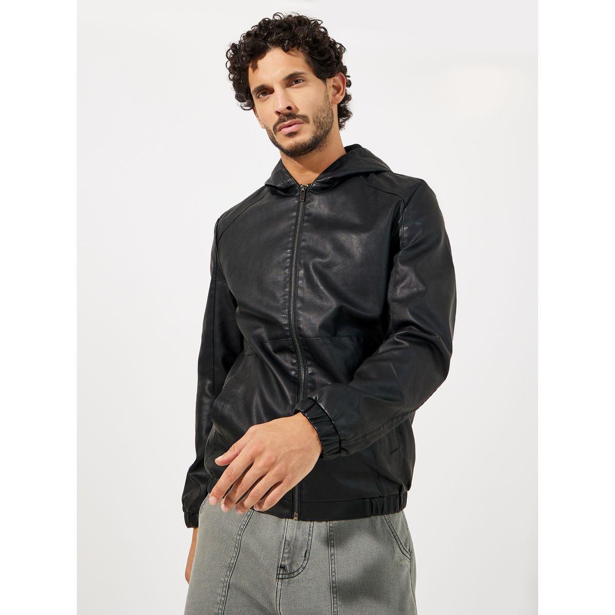 Styli Leather Look Hooded Biker Jacket with Zip Detail-men-clothing-jacketsandblazers-jackets-image-1