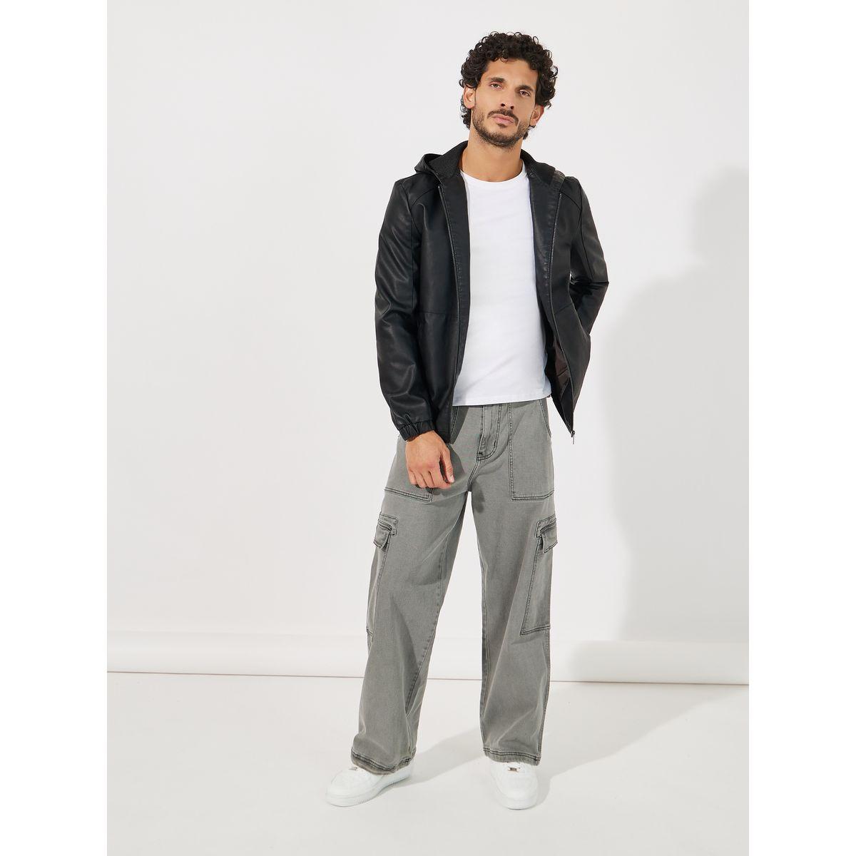 Styli Leather Look Hooded Biker Jacket with Zip Detail-men-clothing-jacketsandblazers-jackets-image-2