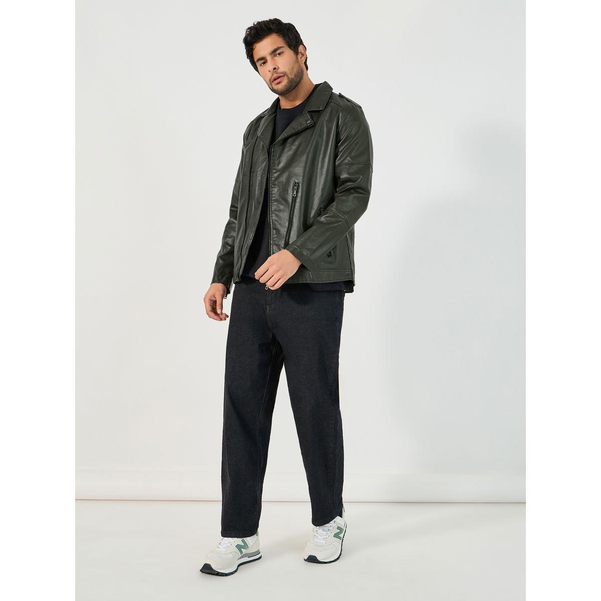 Styli Faux Leather Biker Jacket with Zip Detail-men-clothing-jacketsandblazers-jackets-image-2