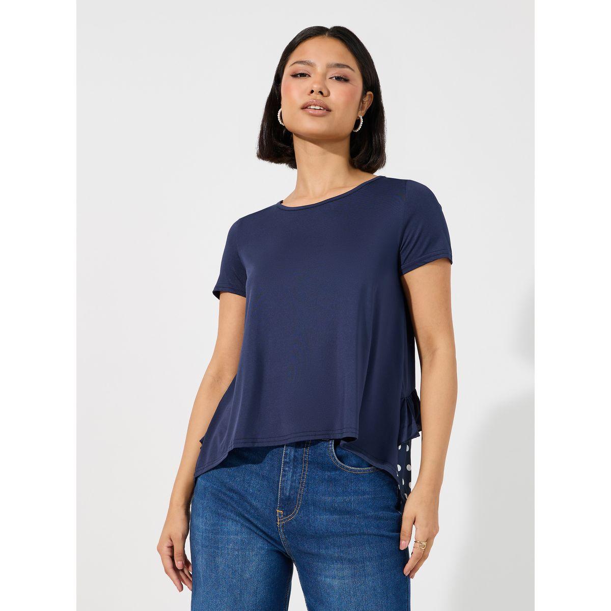تيشيرت مطبع بنقاط بولكا مع حافة منخفضة-women-clothing-tshirts-image-1