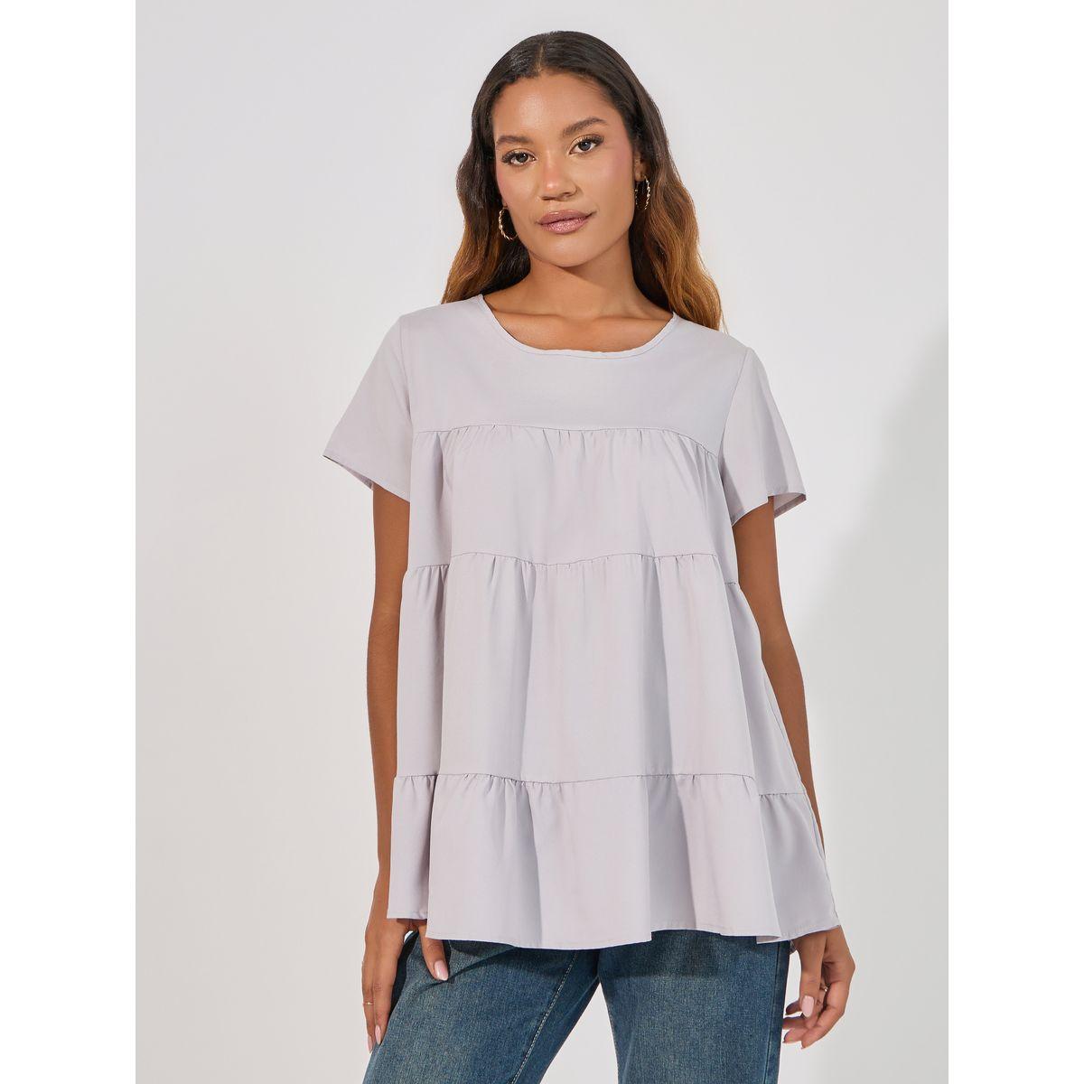 بلوزة سادة بياقة دائرية وكسرات-women-clothing-shirtsandblouses-blouses-image-4