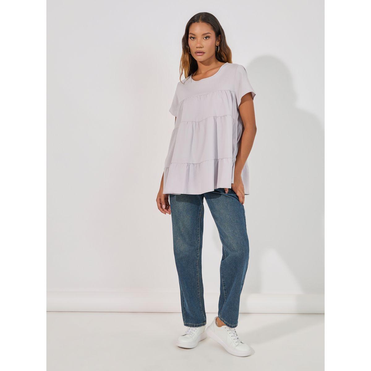 ARIA ROMANCE Solid Round Neck Tiered Detail Top-women-clothing-shirtsandblouses-blouses-image-2