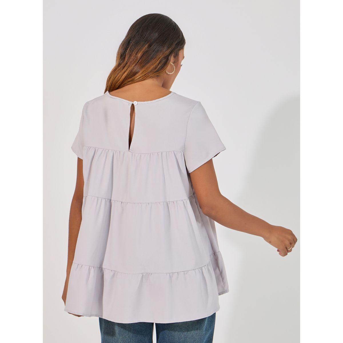 بلوزة سادة بياقة دائرية وكسرات-women-clothing-shirtsandblouses-blouses-image-1