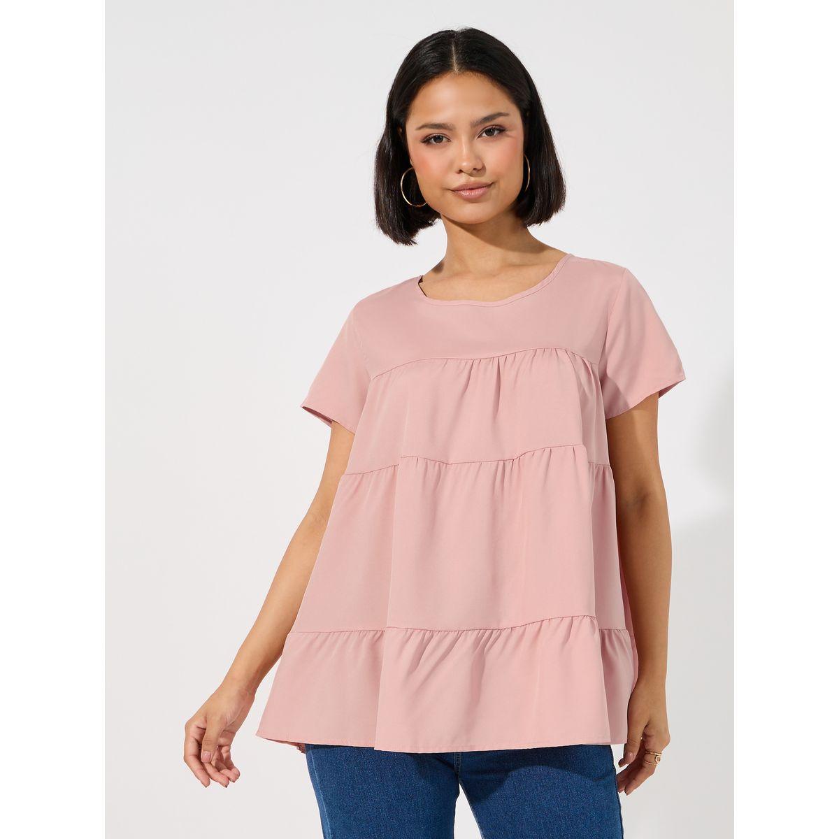 ARIA ROMANCE Solid Round Neck Tiered Detail Top-women-clothing-shirtsandblouses-blouses-image-1