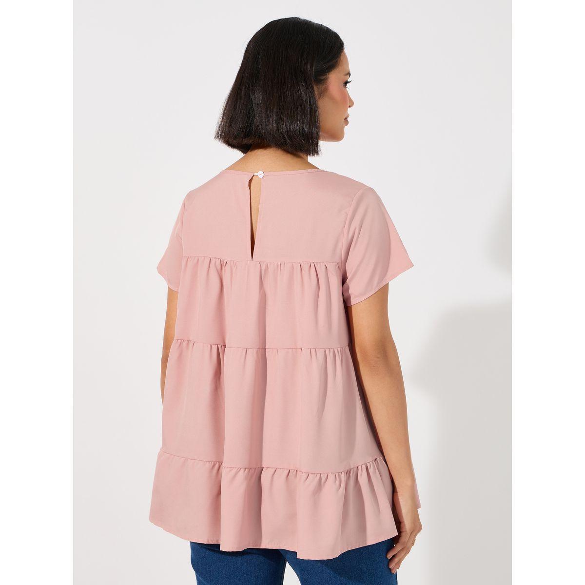 بلوزة سادة بياقة دائرية وكسرات-women-clothing-shirtsandblouses-blouses-image-1