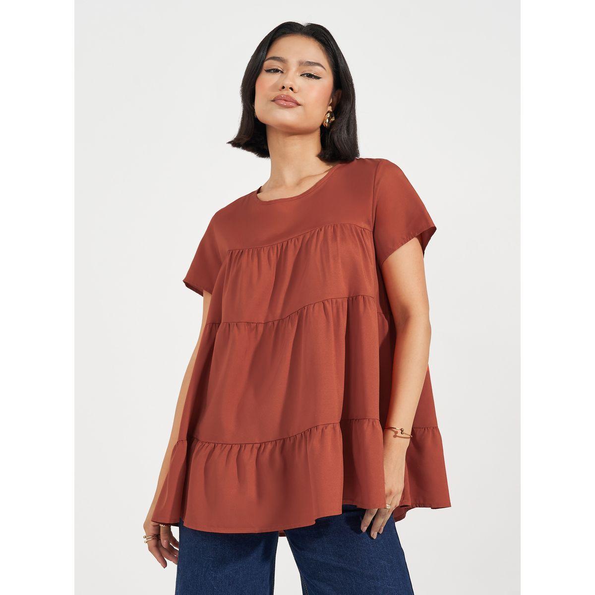 بلوزة سادة بياقة دائرية وكسرات-women-clothing-shirtsandblouses-blouses-image-4