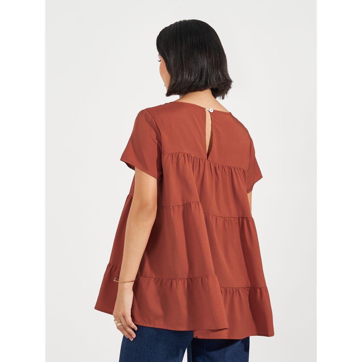بلوزة سادة بياقة دائرية وكسرات-women-clothing-shirtsandblouses-blouses-image-1