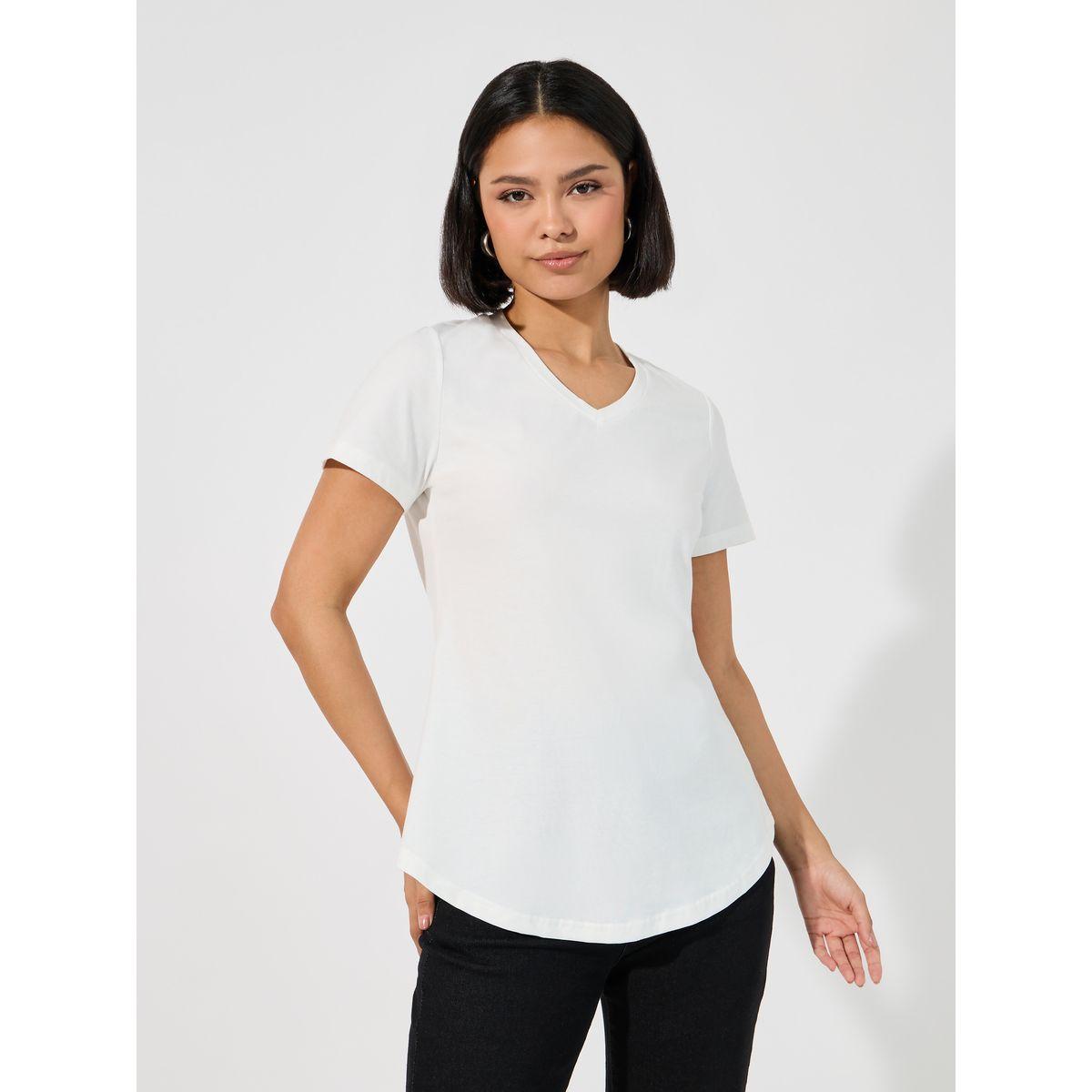 تيشيرت سادة بحافة منحنية وأكمام قصيرة-women-clothing-tshirts-image-1