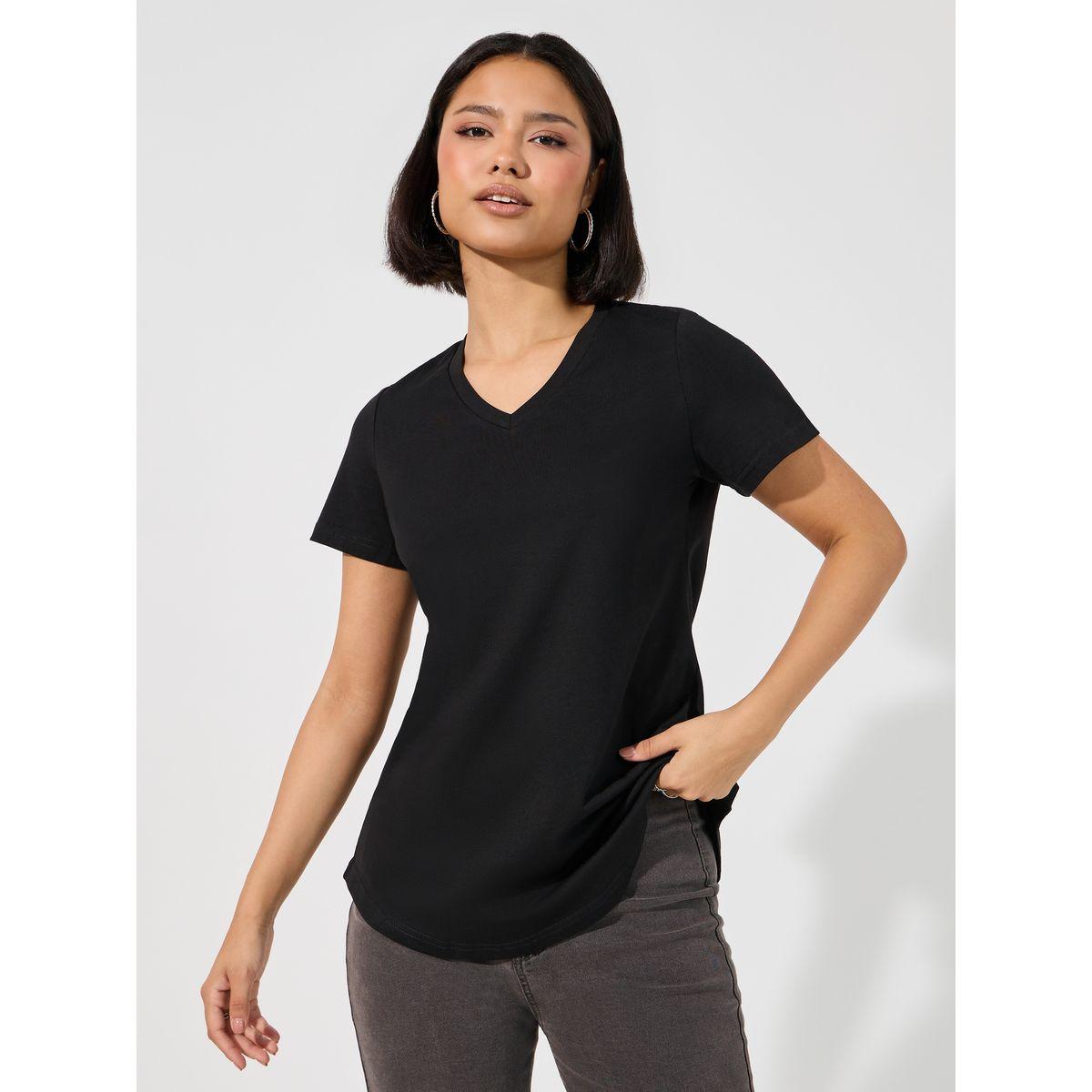 ARIA ROMANCE Basic V Neck Curved Hem T-Shirt-women-clothing-tshirts-image-1