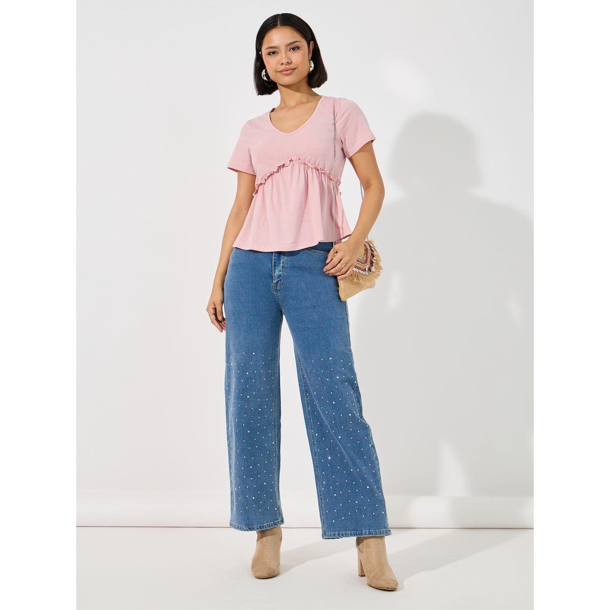بلوزة سادة مزينة بكشكش مع أكمام قصيرة-women-clothing-shirtsandblouses-blouses-image-2