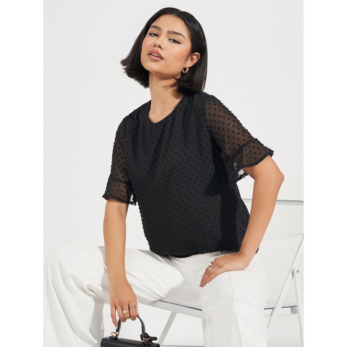 بلوزة مزينة بنقاط سويس مع أكمام كشكش-women-clothing-shirtsandblouses-blouses-image-1