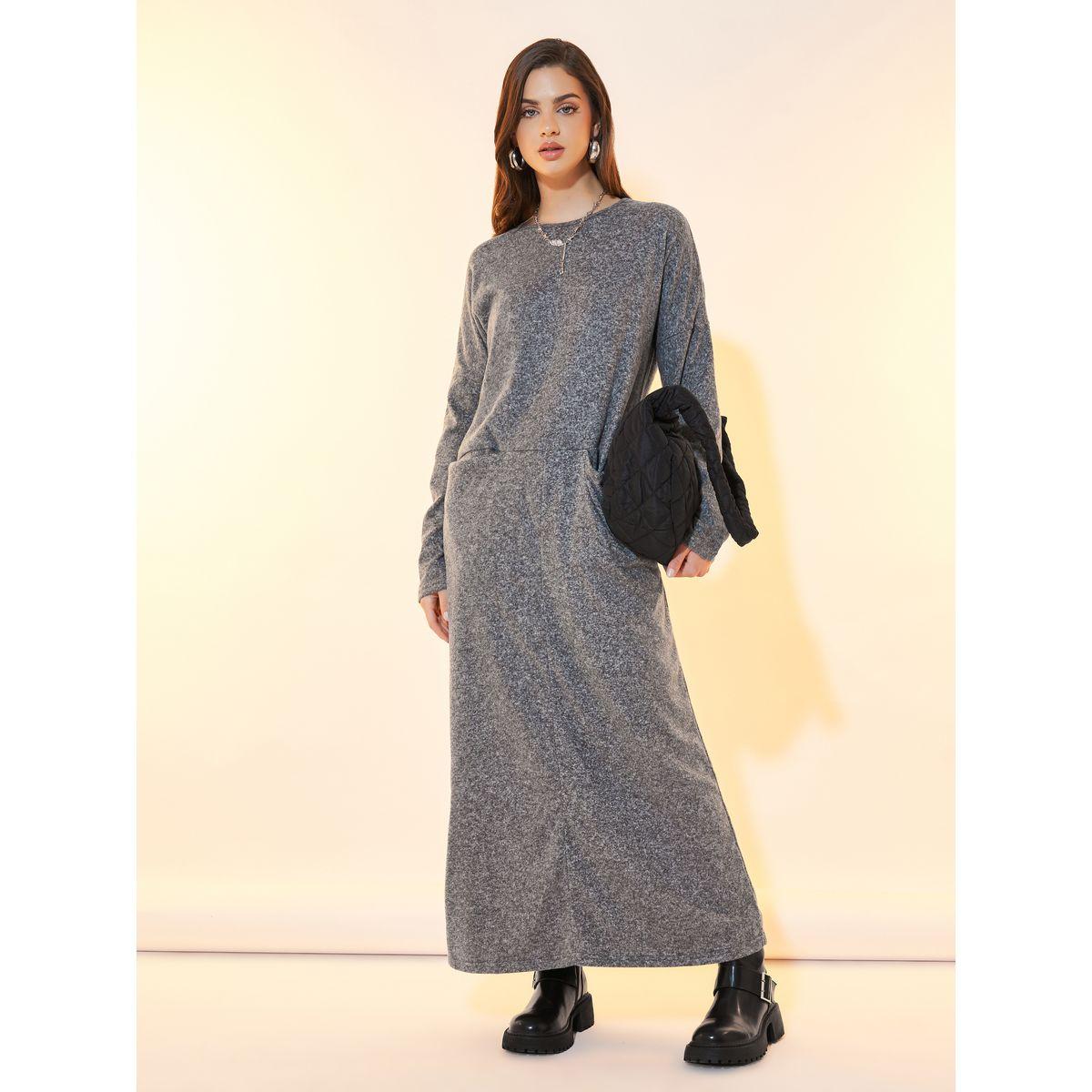 Styli Round Neck Drop Shoulder Long Slevee Front Insert Pocket Maxi Dress-women-clothing-dresses-image-1