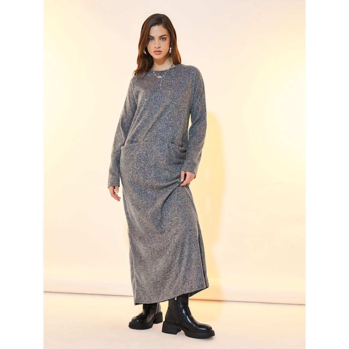 Styli Round Neck Drop Shoulder Long Slevee Front Insert Pocket Maxi Dress-women-clothing-dresses-image-3