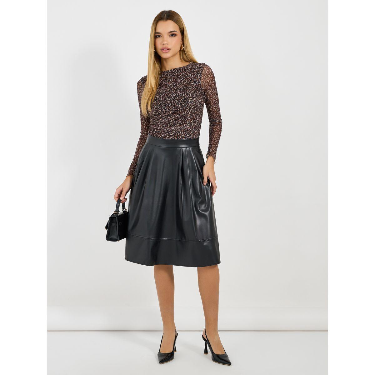 Styli Leather Look Flared Knee Length Skirt-women-clothing-bottoms-skirts-image-1