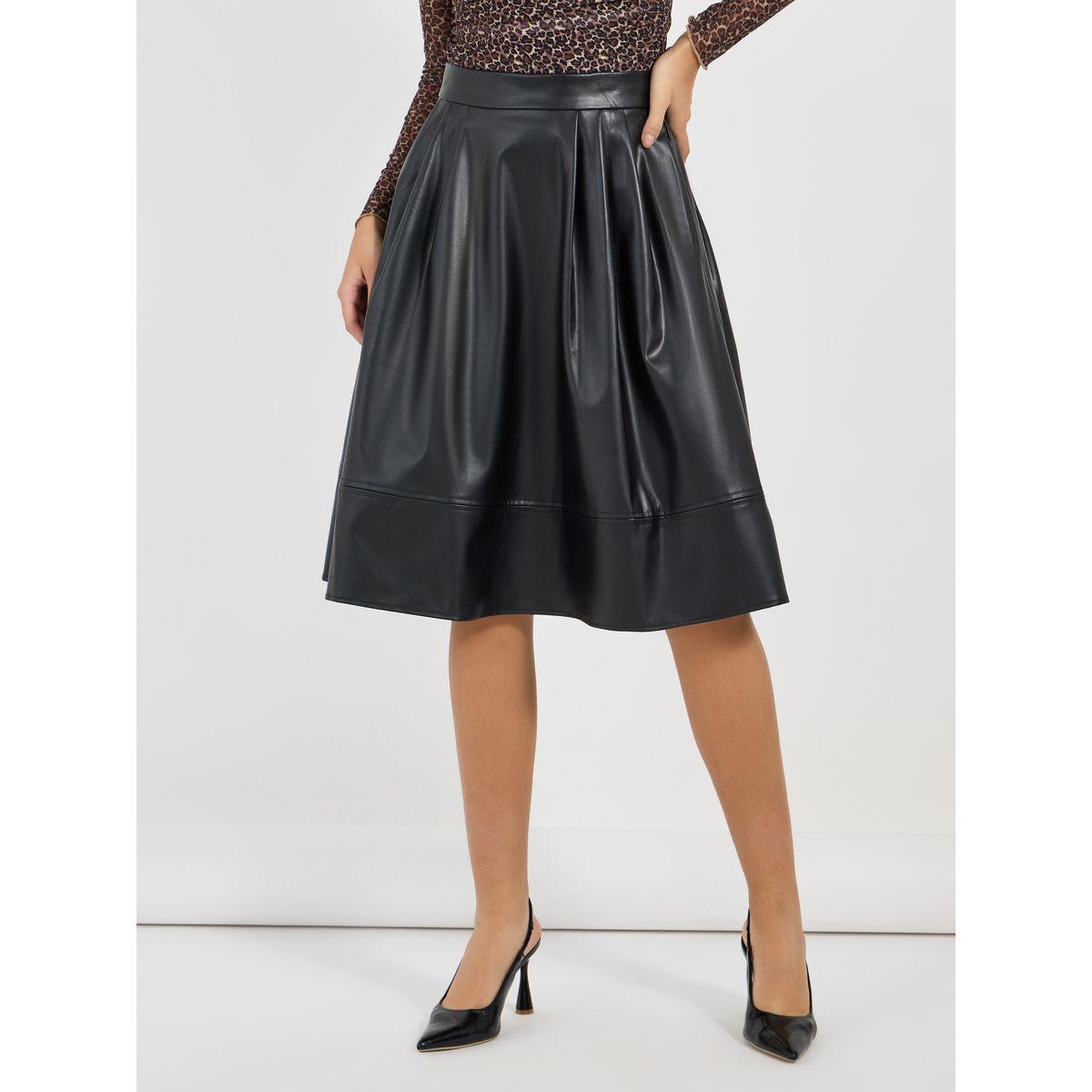 Styli Leather Look Flared Knee Length Skirt-women-clothing-bottoms-skirts-image-2