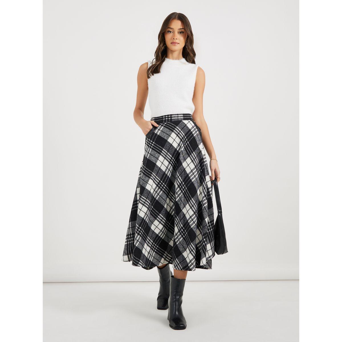 Styli Plaid Check Elastic Waist A-Line Midi Skirt-women-clothing-bottoms-skirts-image-1