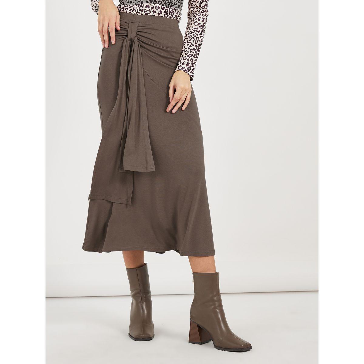 تنورة ميدي سادة بتفاصيل مُجمعة وأربطة-women-clothing-bottoms-skirts-image-2