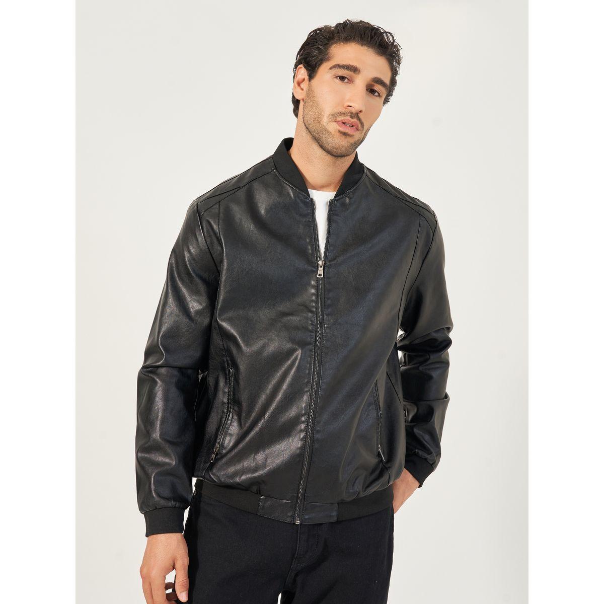 جاكيت بومبر بجلد صناعي وسحَّاب غلق-men-clothing-jacketsandblazers-jackets-image-1