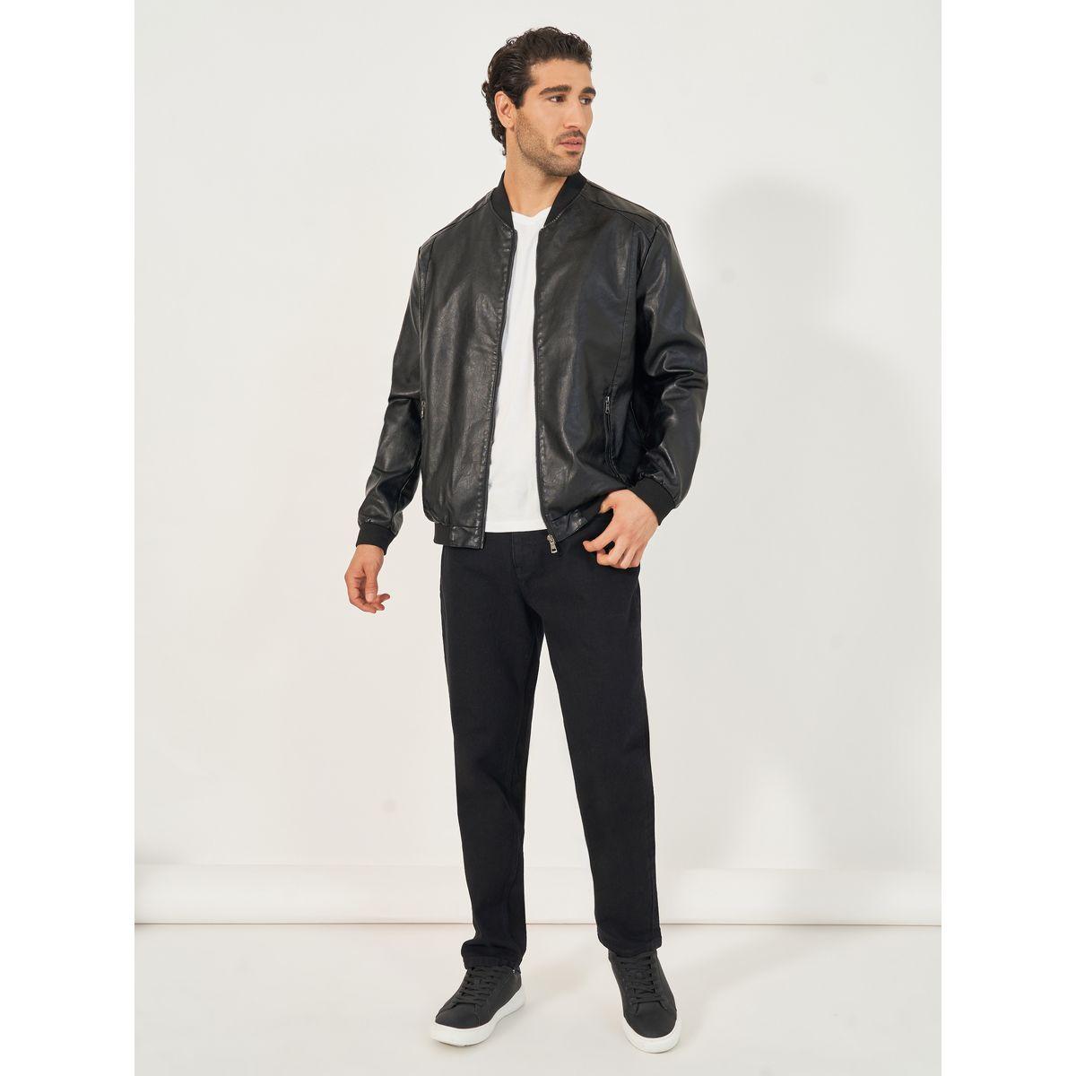 Styli Faux Leather Bomber Jacket with Zip Detail-men-clothing-jacketsandblazers-jackets-image-2