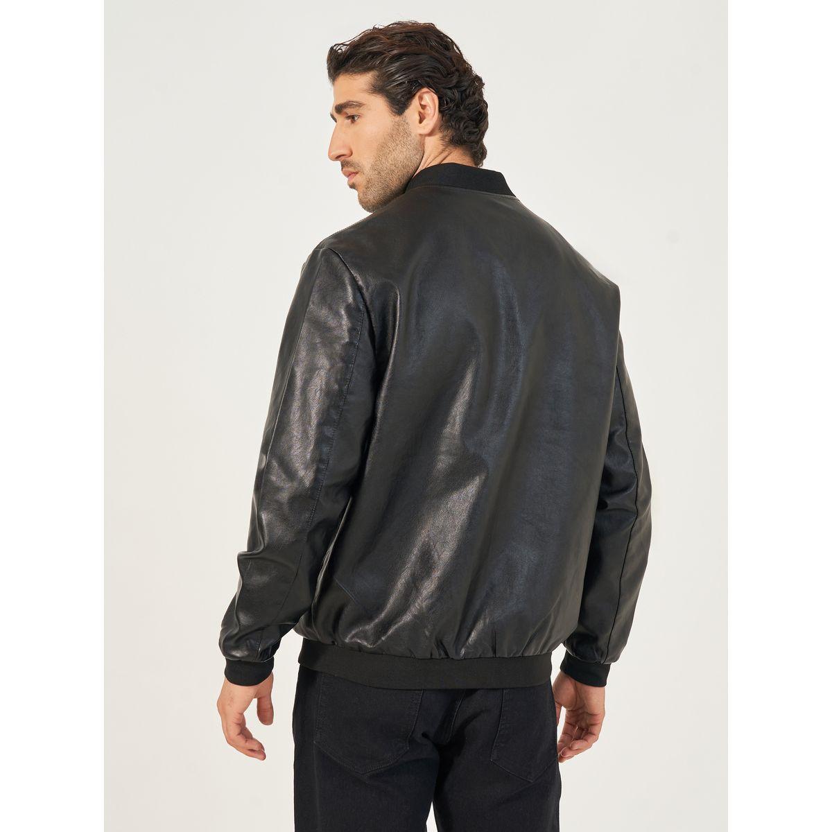 Styli Faux Leather Bomber Jacket with Zip Detail-men-clothing-jacketsandblazers-jackets-image-4