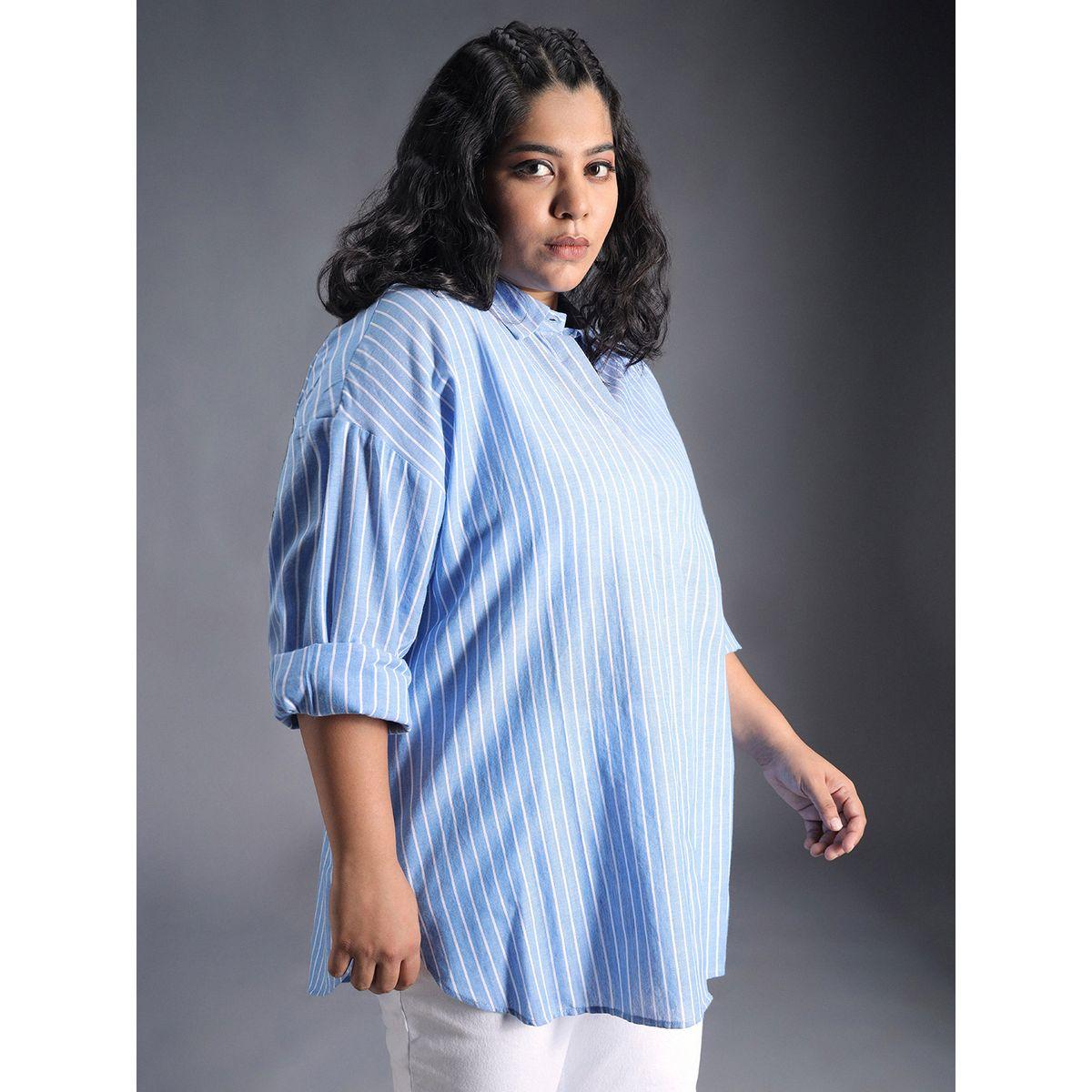 بلوزة مخططة بمقاس كبير وأزرار غلق هاي ستار × ستايلي-women-clothing-shirtsandblouses-shirts-image-2