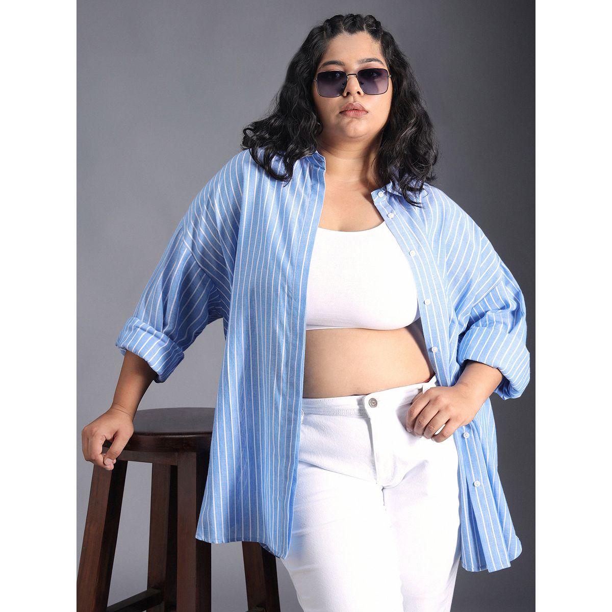 بلوزة مخططة بمقاس كبير وأزرار غلق هاي ستار × ستايلي-women-clothing-shirtsandblouses-shirts-image-5