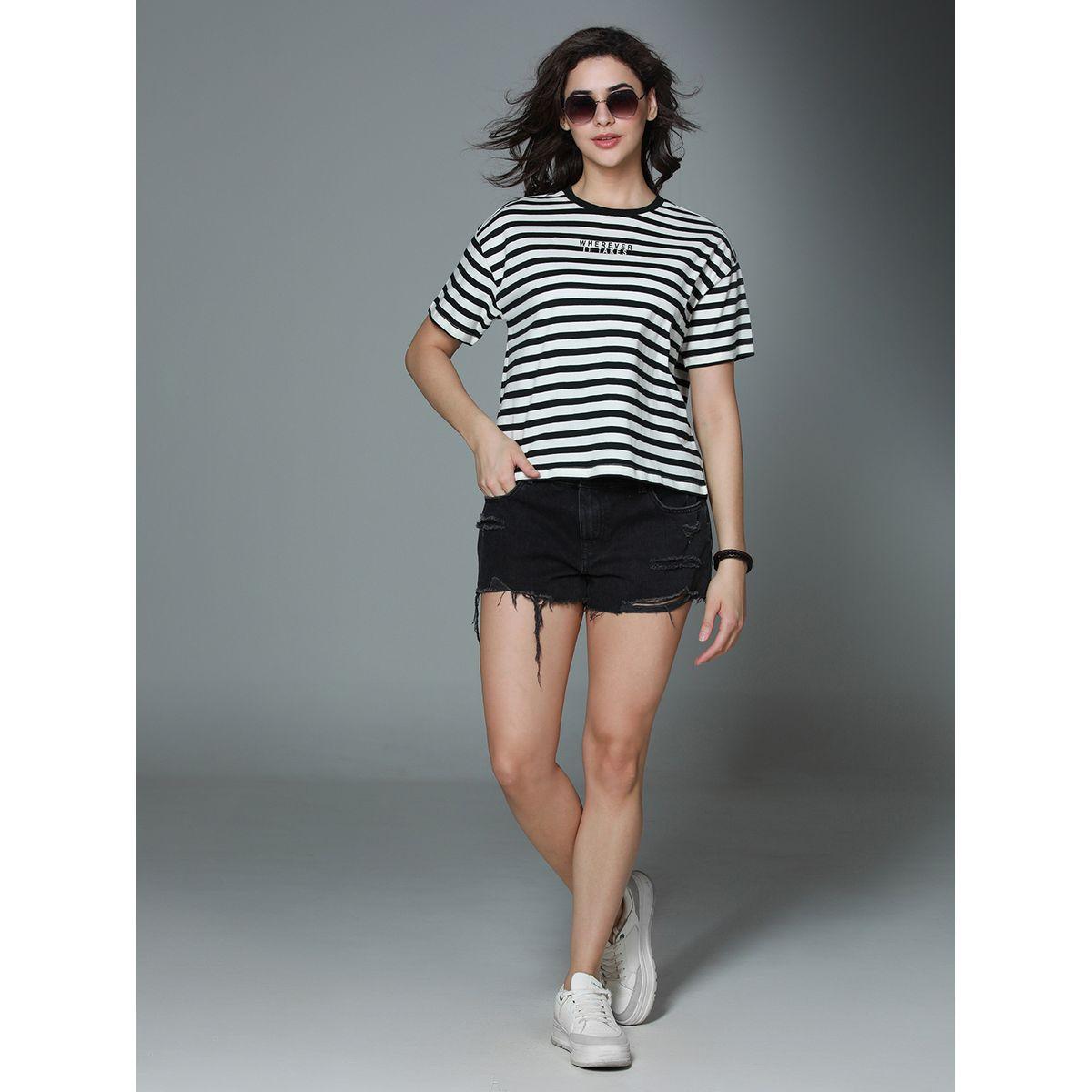 تيشيرت مخطط بقصة بوكسي وأكمام قصيرة هاي ستار × ستايلي-women-clothing-tshirts-image-5
