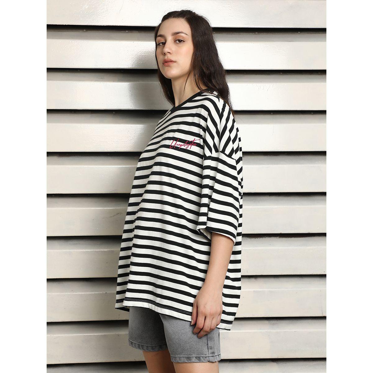 تيشيرت فضفاض مخطط بأكتاف منخفضة هاي ستار × ستايلي-women-clothing-tshirts-image-2