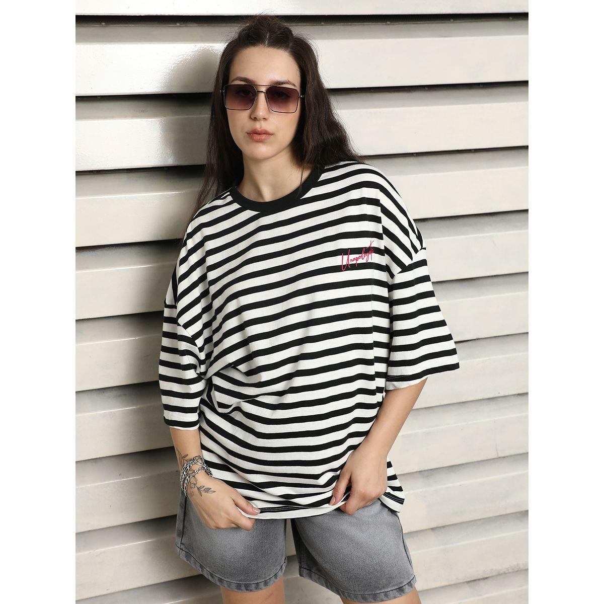 تيشيرت فضفاض مخطط بأكتاف منخفضة هاي ستار × ستايلي-women-clothing-tshirts-image-6