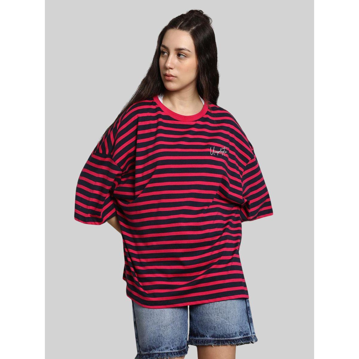 تيشيرت فضفاض مخطط بأكتاف منخفضة هاي ستار × ستايلي-women-clothing-tshirts-image-1