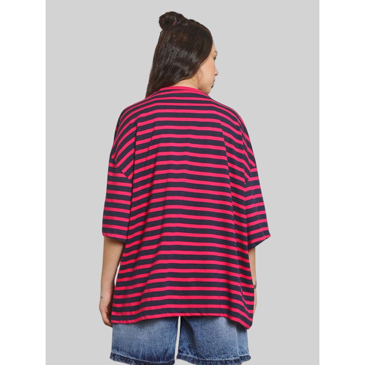 تيشيرت فضفاض مخطط بأكتاف منخفضة هاي ستار × ستايلي-women-clothing-tshirts-image-3