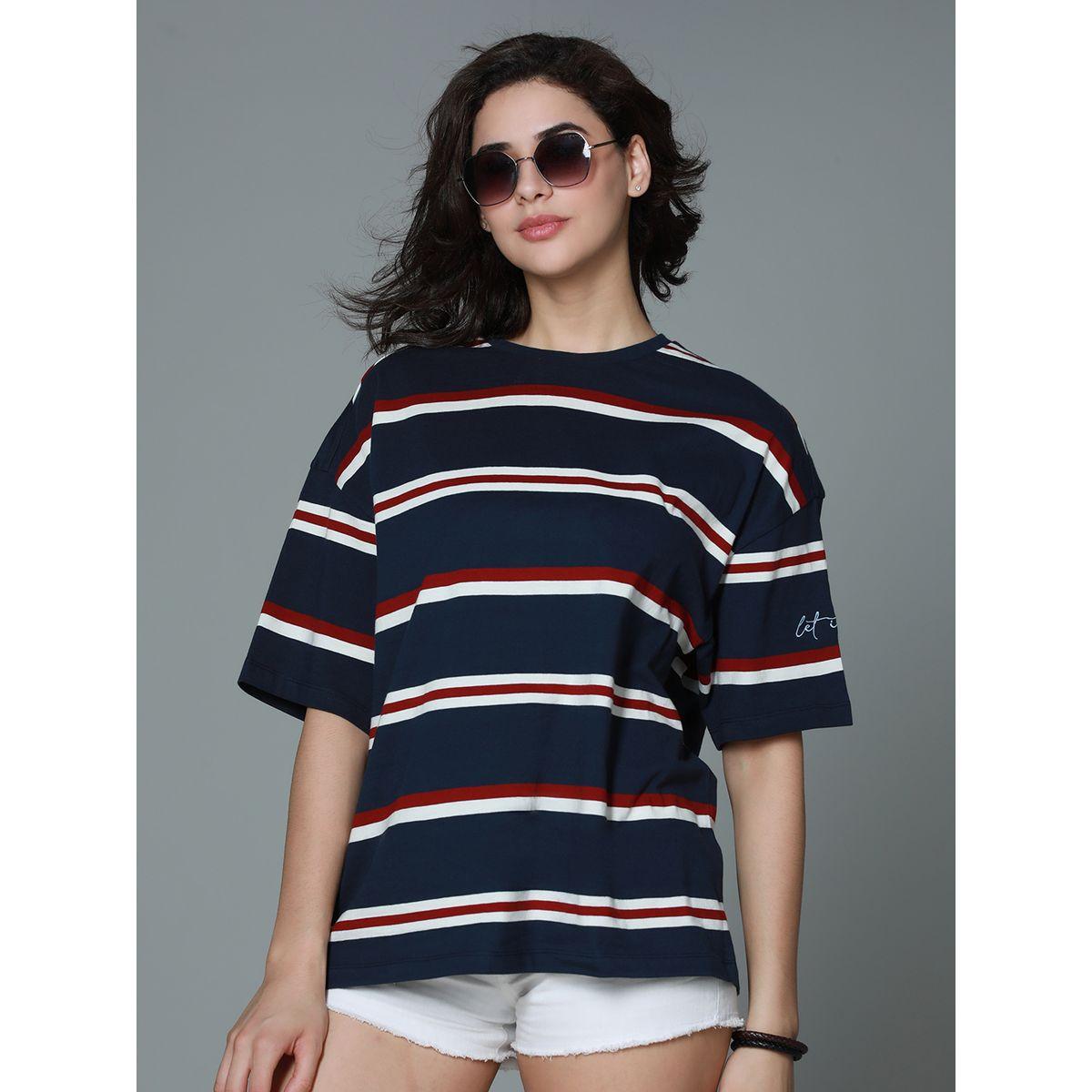 تيشيرت فضفاض مخطط بأكتاف منخفضة هاي ستار × ستايلي-women-clothing-tshirts-image-1