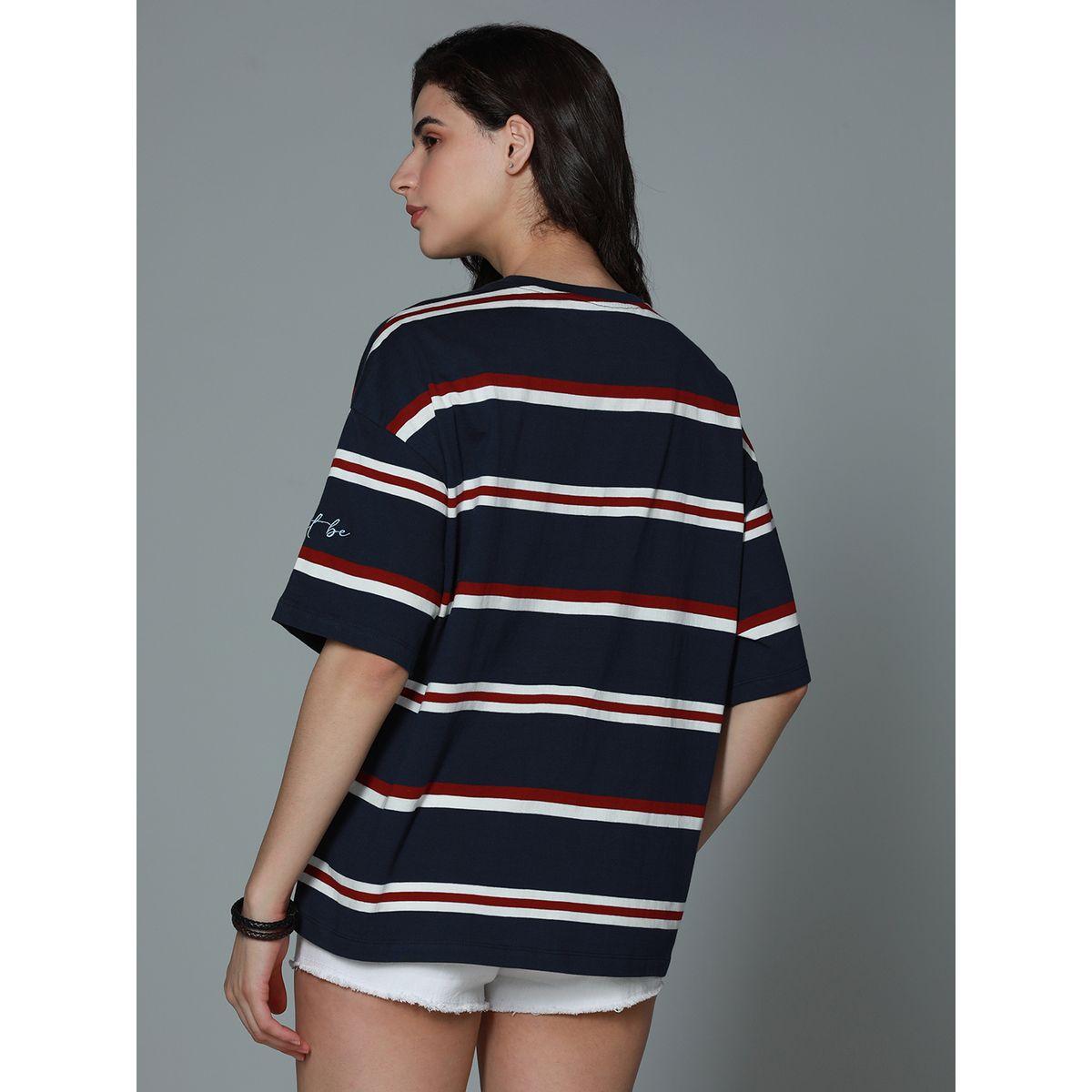 تيشيرت فضفاض مخطط بأكتاف منخفضة هاي ستار × ستايلي-women-clothing-tshirts-image-3