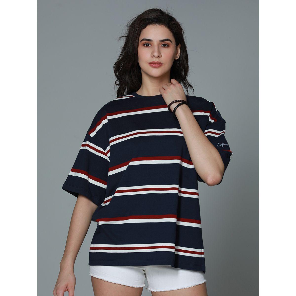 تيشيرت فضفاض مخطط بأكتاف منخفضة هاي ستار × ستايلي-women-clothing-tshirts-image-4