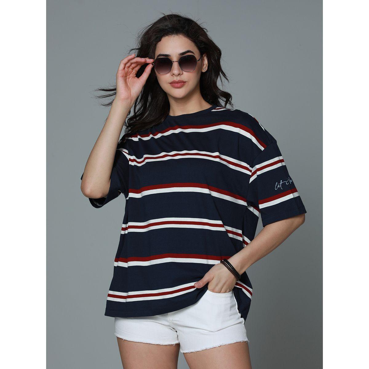 تيشيرت فضفاض مخطط بأكتاف منخفضة هاي ستار × ستايلي-women-clothing-tshirts-image-8