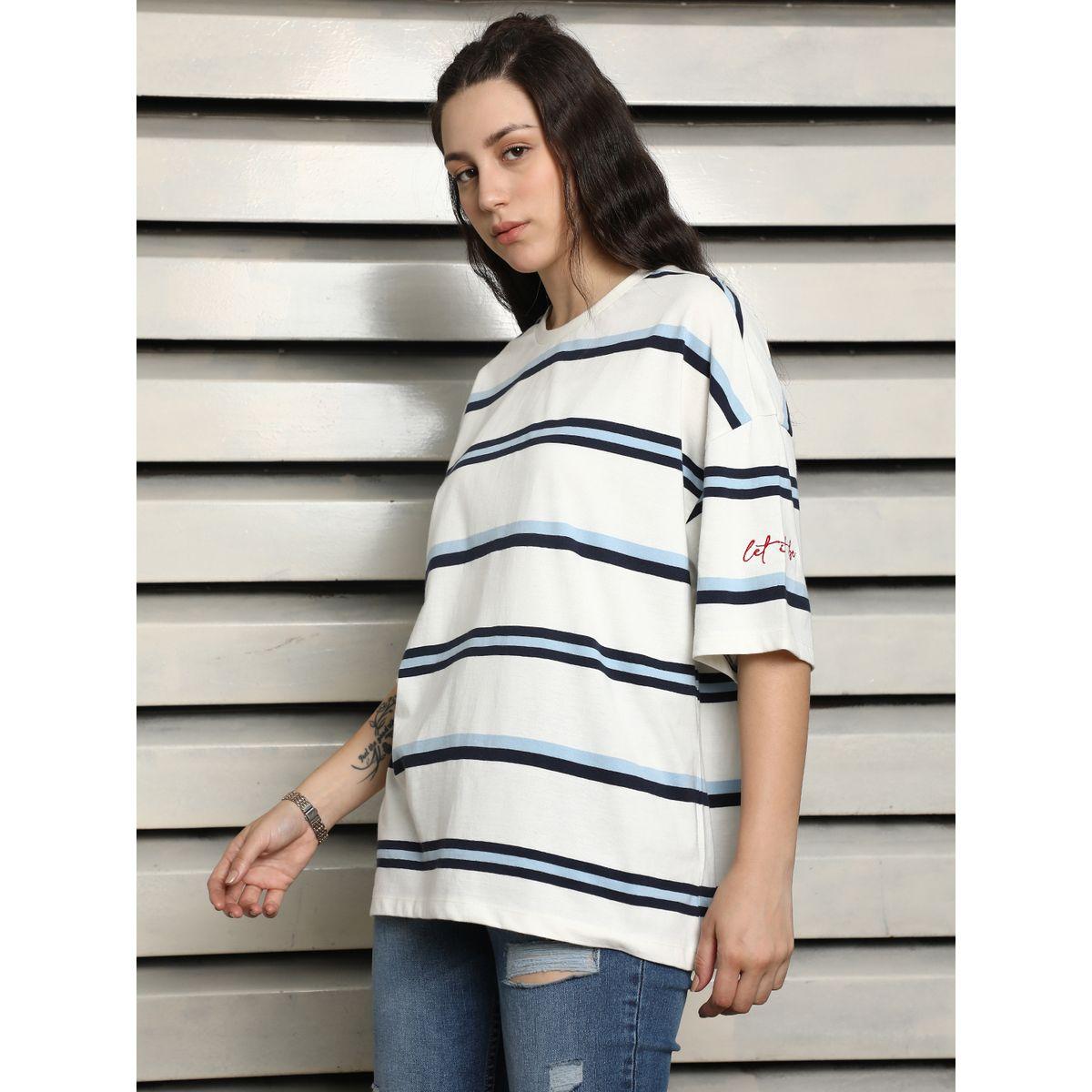 تيشيرت مخطط بقصة فضفاضة وأكتاف منخفضة هاي ستار × ستايلي-women-clothing-tshirts-image-2