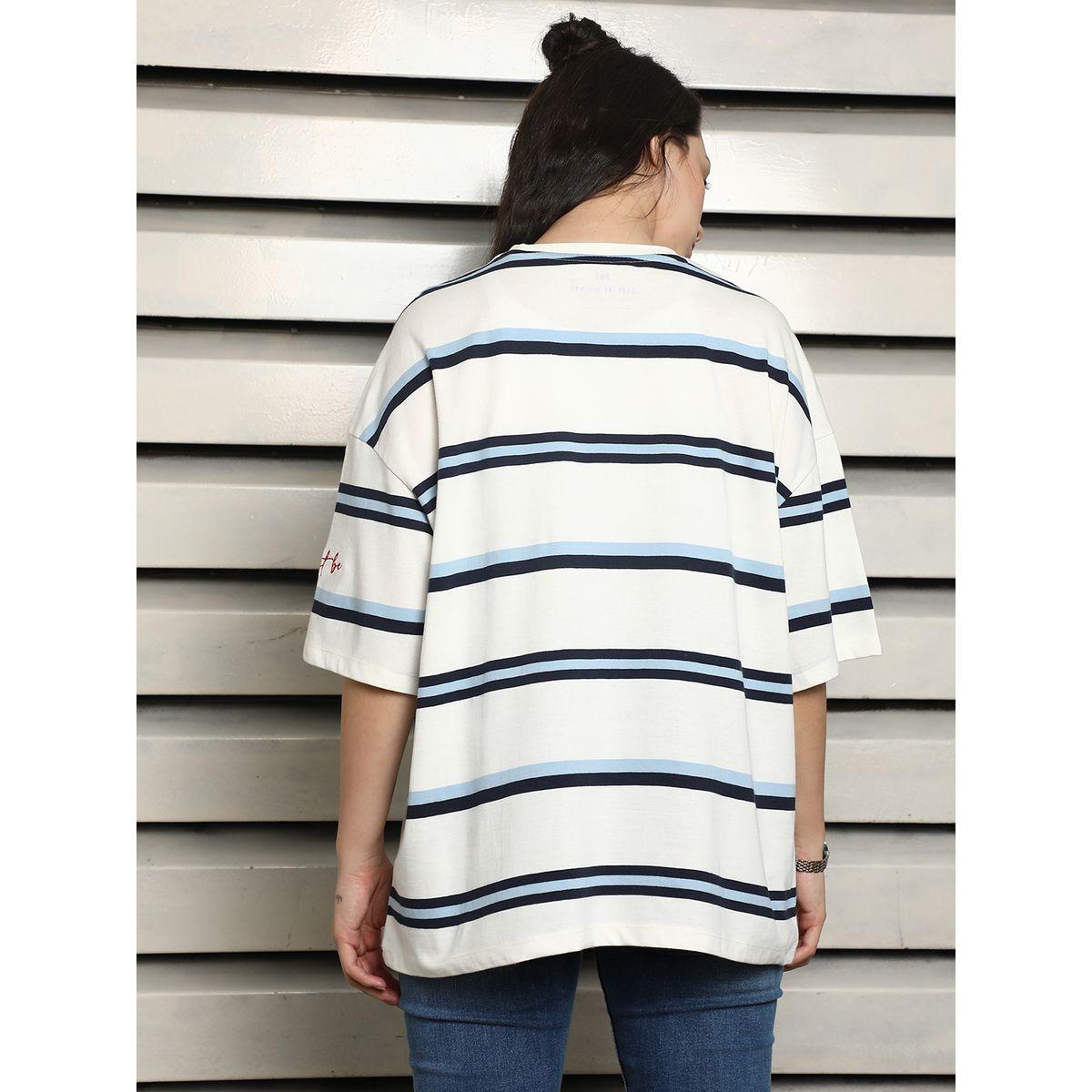 تيشيرت مخطط بقصة فضفاضة وأكتاف منخفضة هاي ستار × ستايلي-women-clothing-tshirts-image-3