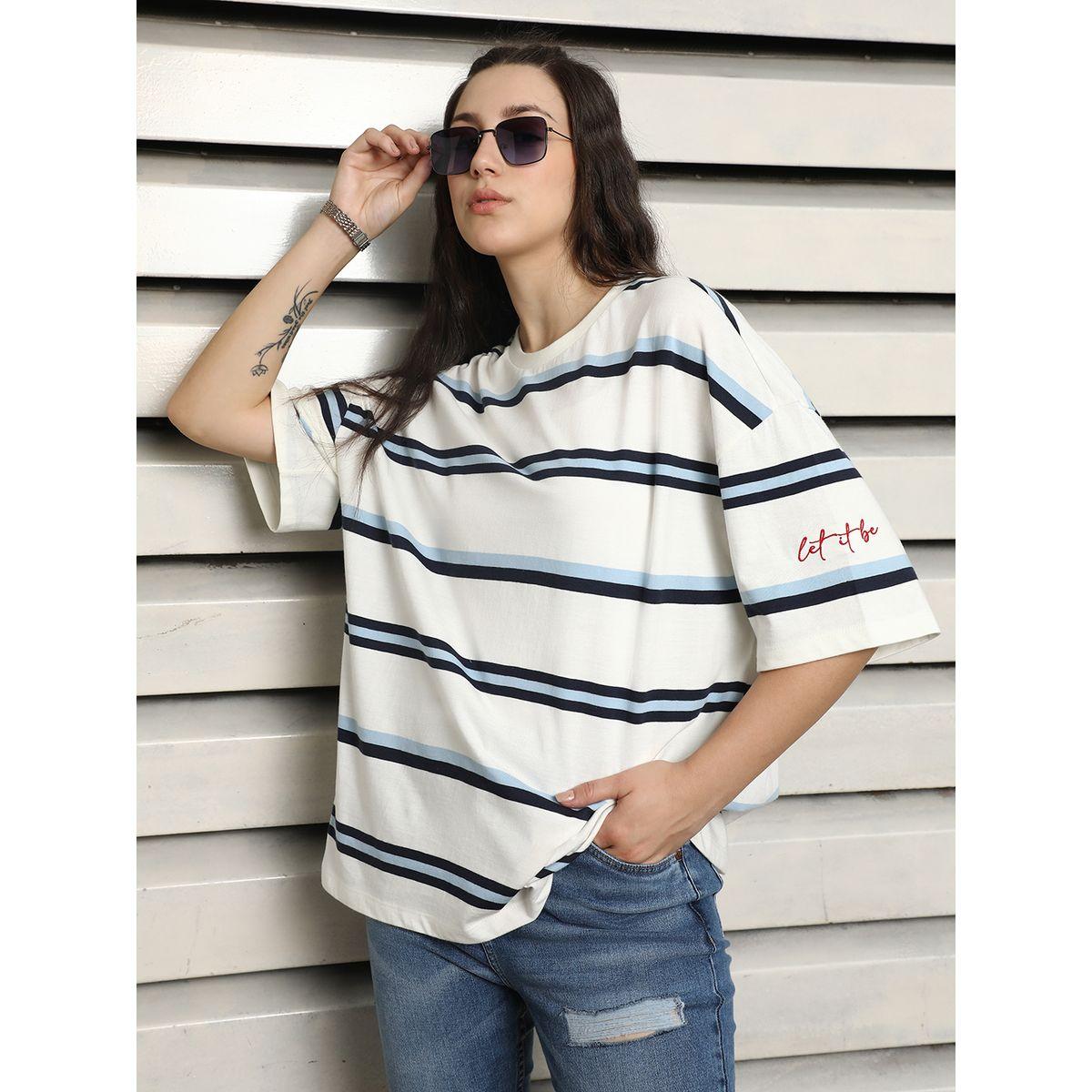 تيشيرت مخطط بقصة فضفاضة وأكتاف منخفضة هاي ستار × ستايلي-women-clothing-tshirts-image-5